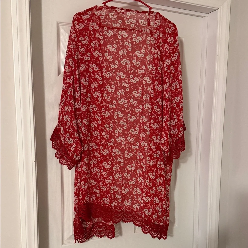 Maurices Red Floral Sheer Kimono Cardigan - Picture 5 of 5